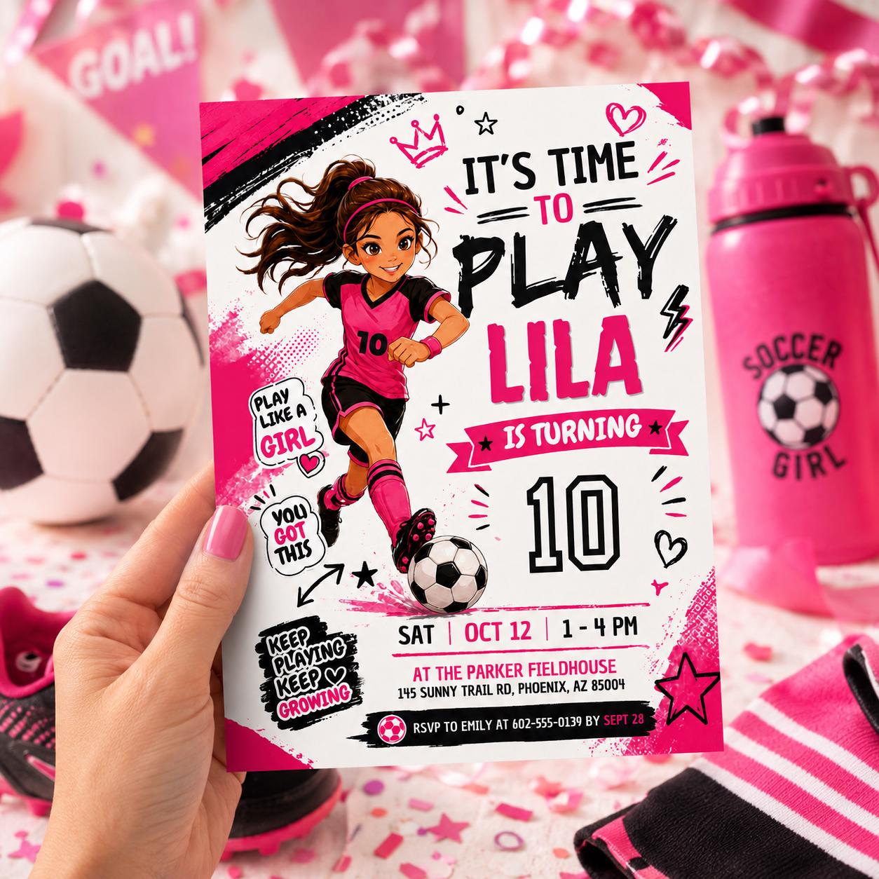 Soccer Girl Birthday Invitation Neon Pink Purple It's Game Time Party Invite Lets Kick It Watercolor Sports Soccer Ball Tween Canva template __etsy:8080737511