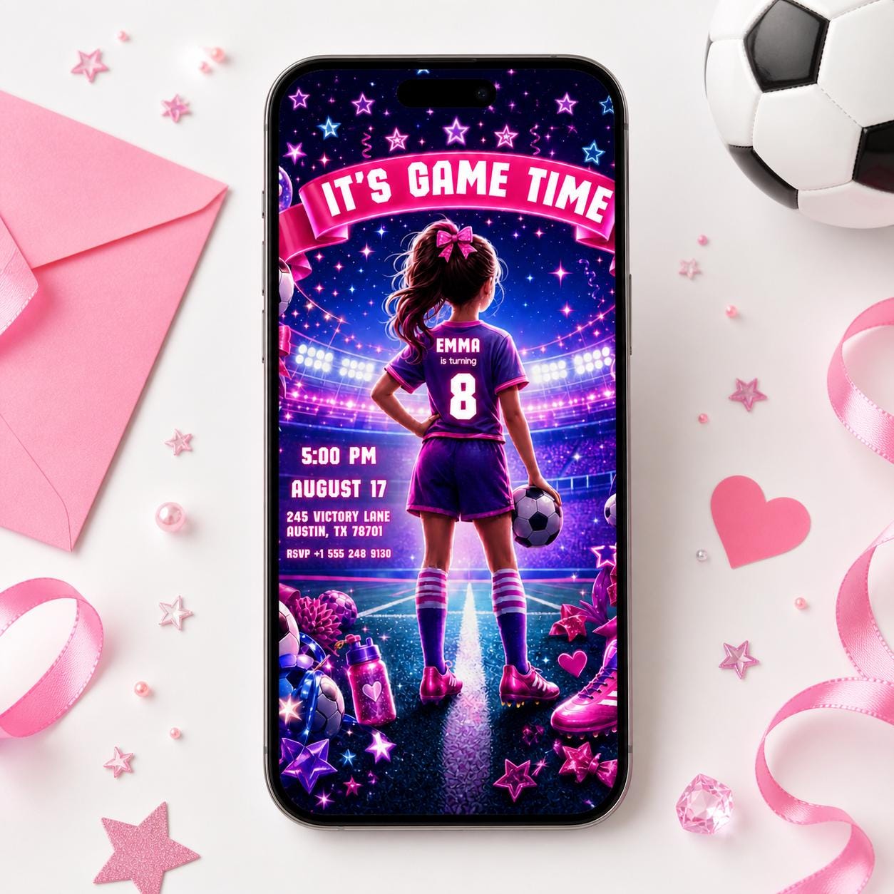 Soccer Girl Birthday Invitation Neon Pink Purple It's Game Time Party Invite Lets Kick It Watercolor Sports Soccer Ball Tween Canva template __etsy:8024837673
