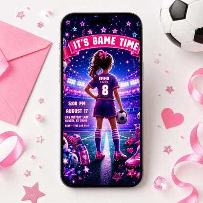 Soccer Girl Birthday Invitation Neon Pink Purple It's Game Time Party Invite Lets Kick It Watercolor Sports Soccer Ball Tween Canva template __etsy:8024837673