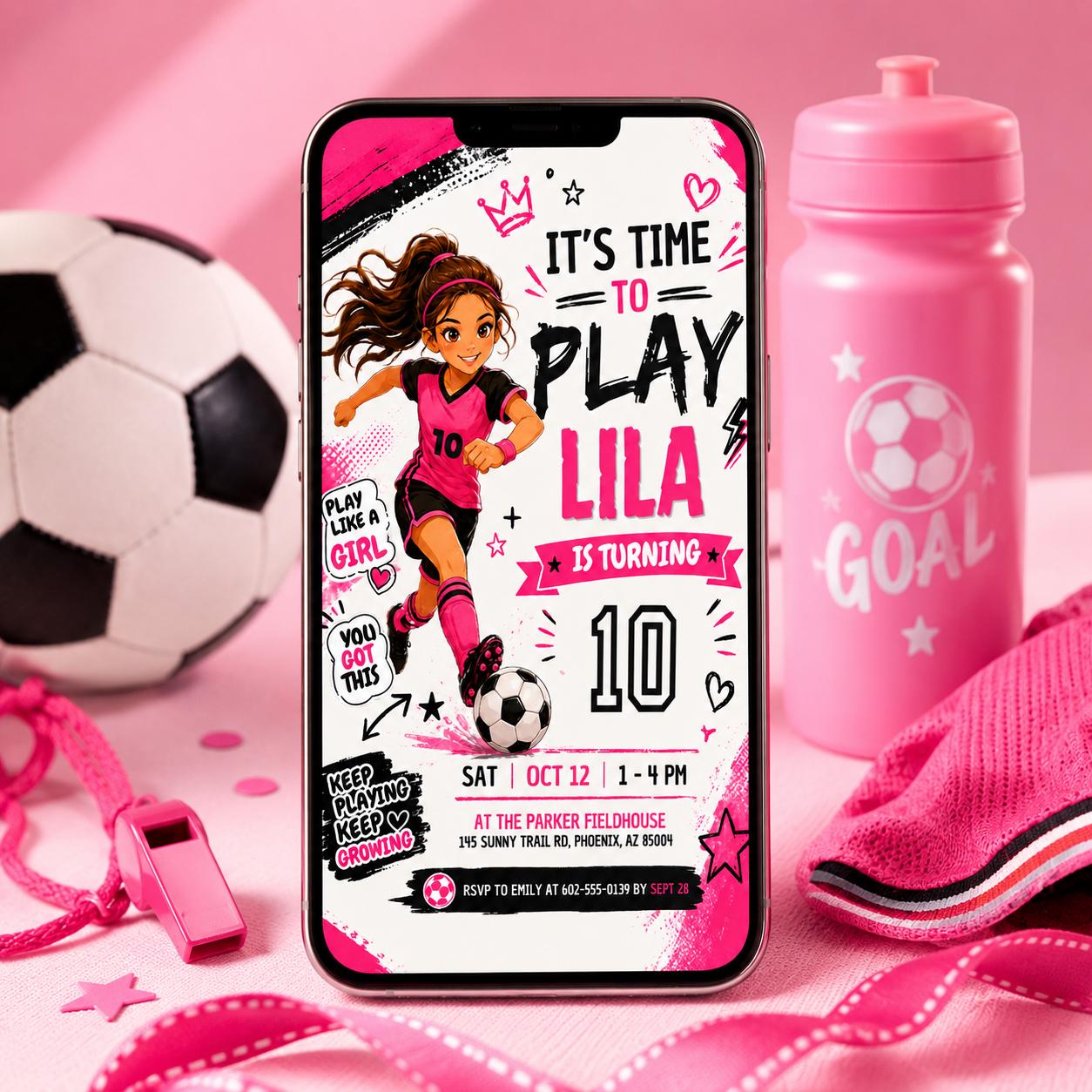 Soccer Girl Birthday Invitation Neon Pink Purple It's Game Time Party Invite Lets Kick It Watercolor Sports Soccer Ball Tween Canva template __etsy:8032825740