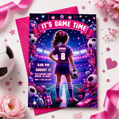 Soccer Girl Birthday Invitation Neon Pink Purple It's Game Time Party Invite Lets Kick It Watercolor Sports Soccer Ball Tween Canva template __etsy:7976883760