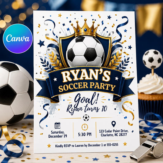 Soccer Party Birthday Invitation, Editable Soccer Theme Party Invite, Boy 10th Birthday Gold Blue Sports Template, Printable Download __etsy:8129917936