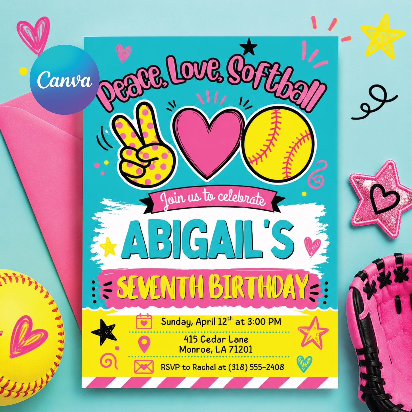 Softball birthday Invitation, Editable Girl Sports Birthday Party, Peace Love Softball, team pool party, Pastel Softball Editable Canva __etsy:8023361652