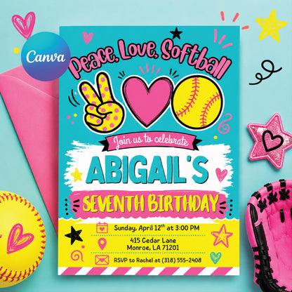 Softball birthday Invitation, Editable Girl Sports Birthday Party, Peace Love Softball, team pool party, Pastel Softball Editable Canva __etsy:8023361652
