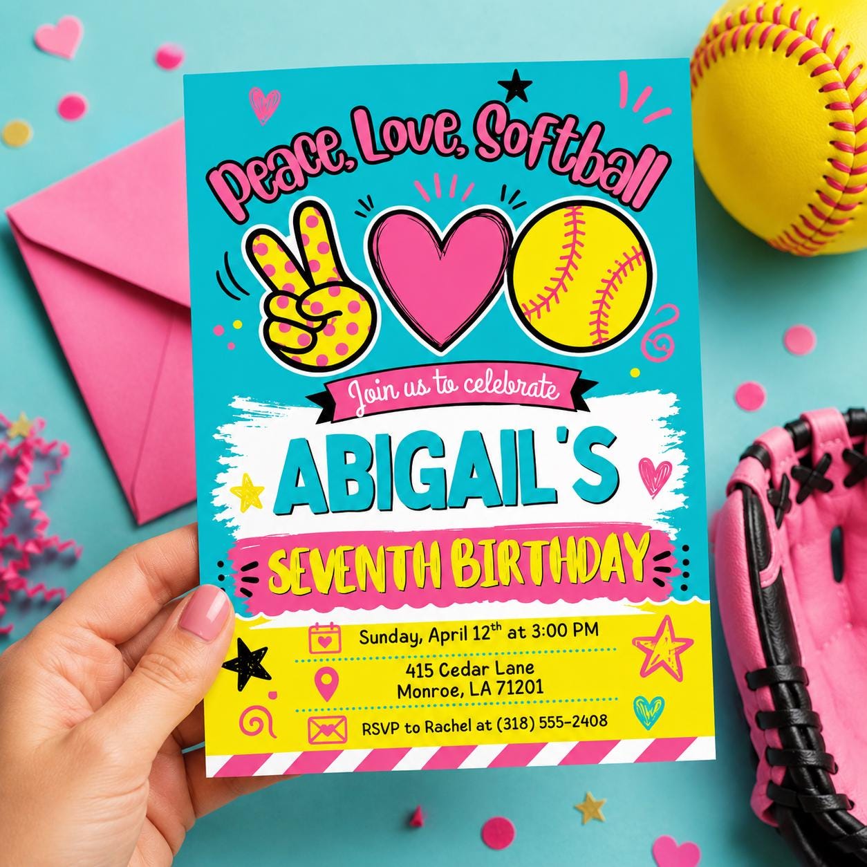 Softball birthday Invitation, Editable Girl Sports Birthday Party, Peace Love Softball, team pool party, Pastel Softball Editable Canva __etsy:8023359950