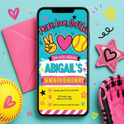 Softball birthday Invitation, Editable Girl Sports Birthday Party, Peace Love Softball, team pool party, Pastel Softball Editable Canva __etsy:8071271807