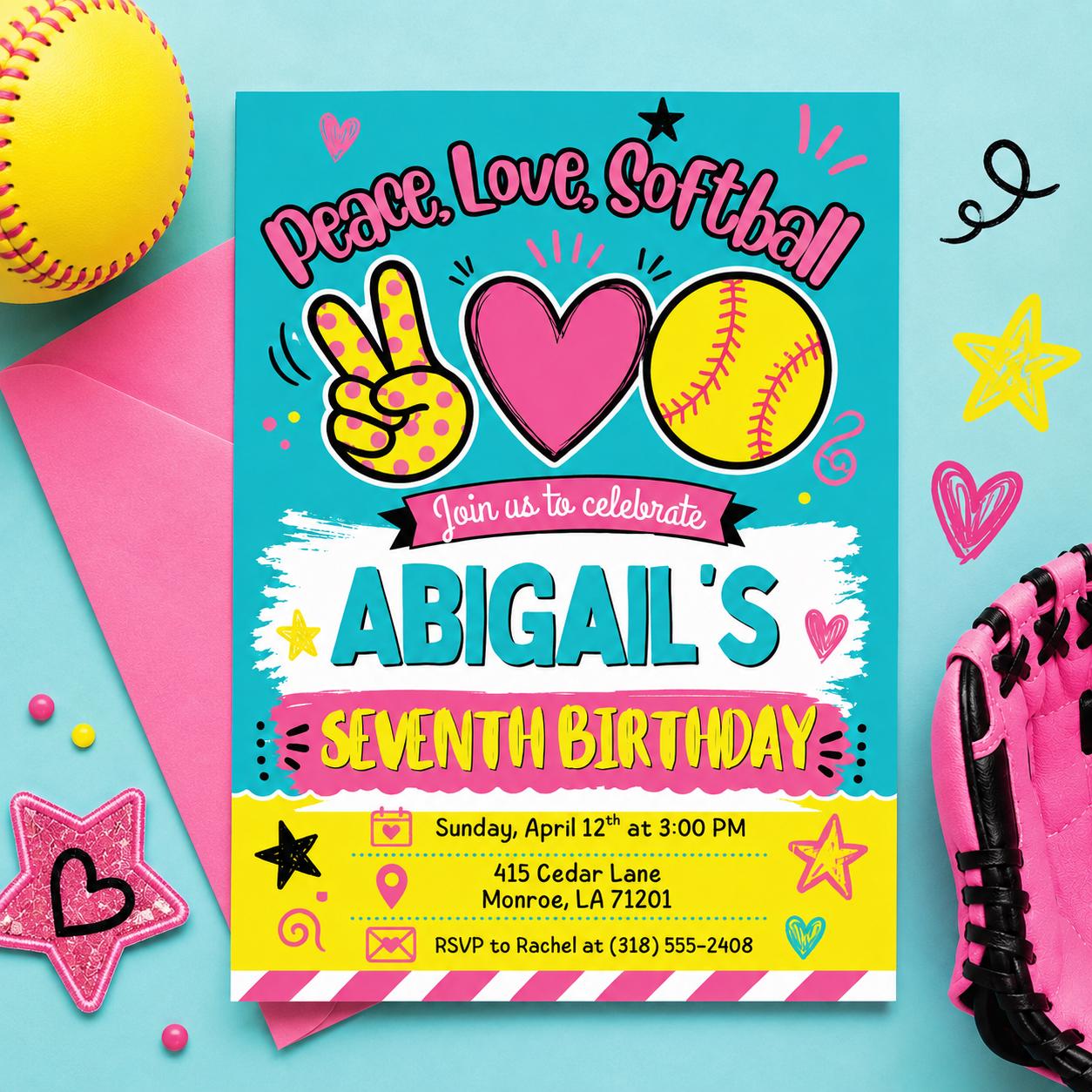 Softball birthday Invitation, Editable Girl Sports Birthday Party, Peace Love Softball, team pool party, Pastel Softball Editable Canva __etsy:8023359954