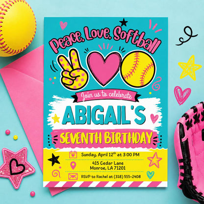 Softball birthday Invitation, Editable Girl Sports Birthday Party, Peace Love Softball, team pool party, Pastel Softball Editable Canva __etsy:8023359954