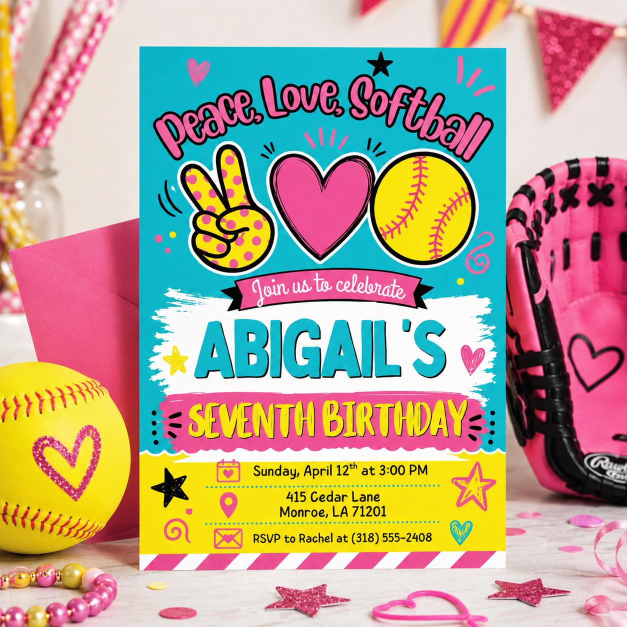 Softball birthday Invitation, Editable Girl Sports Birthday Party, Peace Love Softball, team pool party, Pastel Softball Editable Canva __etsy:8023359968