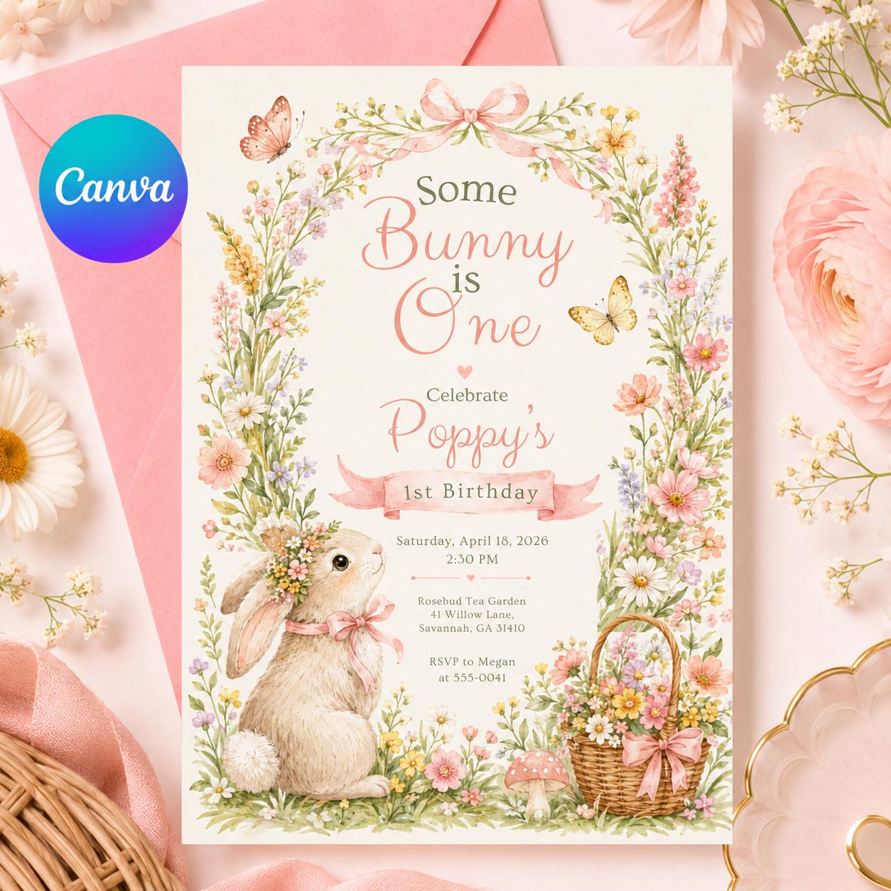 Some Bunny Is One Invitation Template Editable Canva Bunny Birthday Invite, Printable Floral Rabbit 1st Birthday Party for Girls Easter Pink __etsy:8125740028