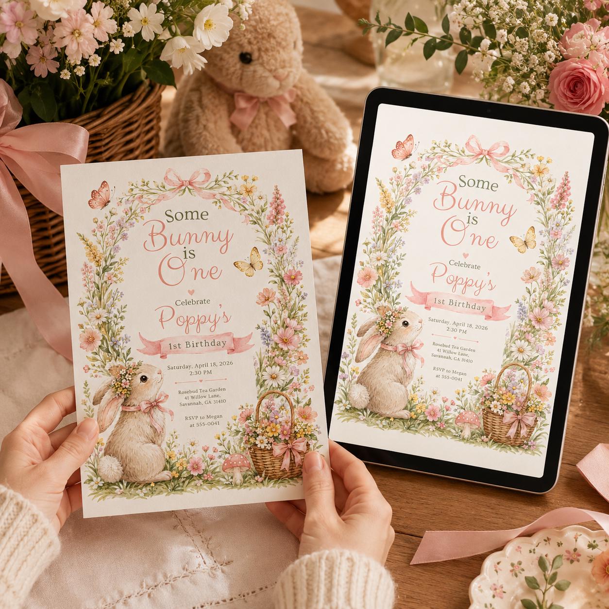 Some Bunny Is One Invitation Template Editable Canva Bunny Birthday Invite, Printable Floral Rabbit 1st Birthday Party for Girls Easter Pink __etsy:8125740162