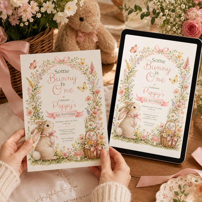Some Bunny Is One Invitation Template Editable Canva Bunny Birthday Invite, Printable Floral Rabbit 1st Birthday Party for Girls Easter Pink __etsy:8125740162