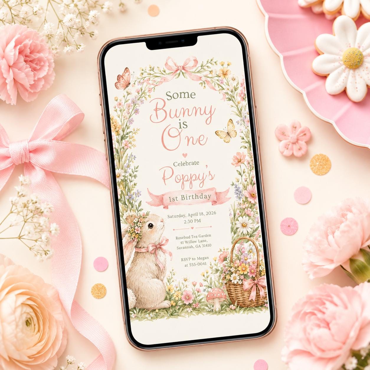 Some Bunny Is One Invitation Template Editable Canva Bunny Birthday Invite, Printable Floral Rabbit 1st Birthday Party for Girls Easter Pink __etsy:8173654007