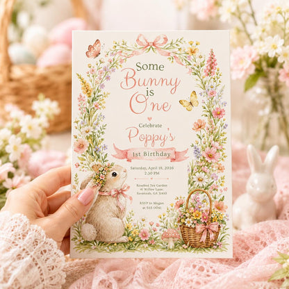 Some Bunny Is One Invitation Template Editable Canva Bunny Birthday Invite, Printable Floral Rabbit 1st Birthday Party for Girls Easter Pink __etsy:8125740256