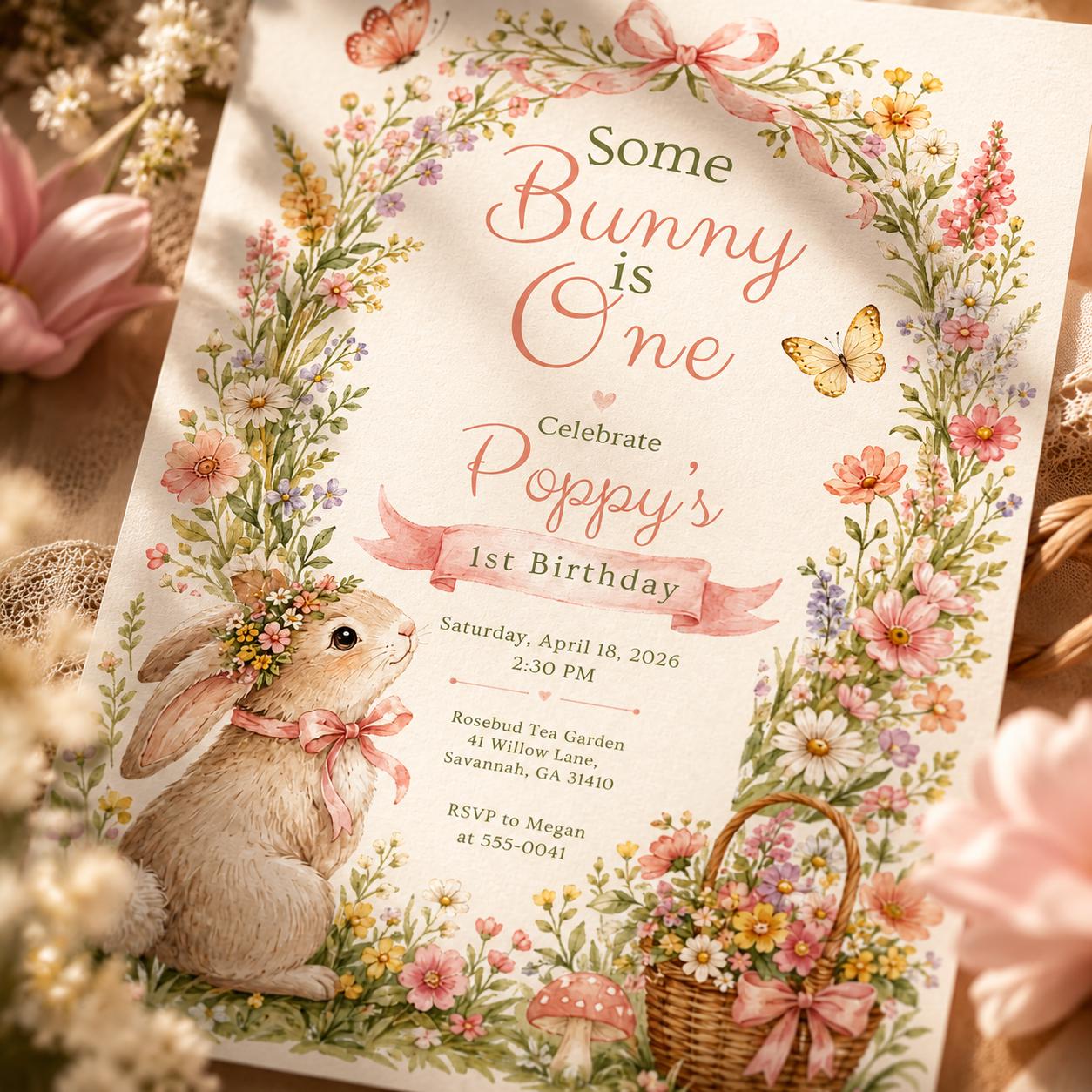 Some Bunny Is One Invitation Template Editable Canva Bunny Birthday Invite, Printable Floral Rabbit 1st Birthday Party for Girls Easter Pink __etsy:8173654017