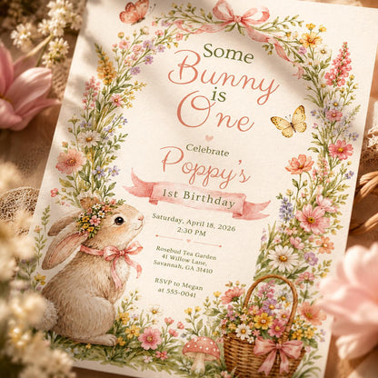 Some Bunny Is One Invitation Template Editable Canva Bunny Birthday Invite, Printable Floral Rabbit 1st Birthday Party for Girls Easter Pink __etsy:8173654017