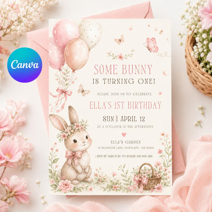 Some Bunny is One Invitation, Pink Bow Rabbit First Birthday Invitation, Coquette Pink Bow Bunny 1st Birthday Invitation, Editable Canva __etsy:8040293326