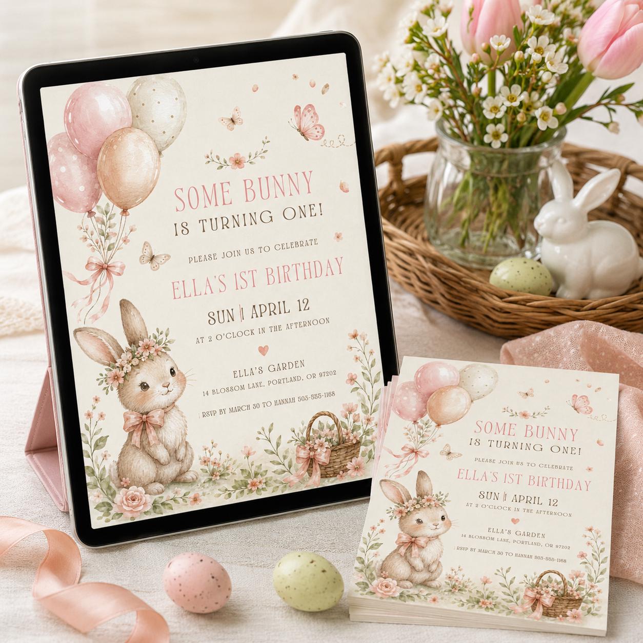 Some Bunny is One Invitation, Pink Bow Rabbit First Birthday Invitation, Coquette Pink Bow Bunny 1st Birthday Invitation, Editable Canva __etsy:8040297178