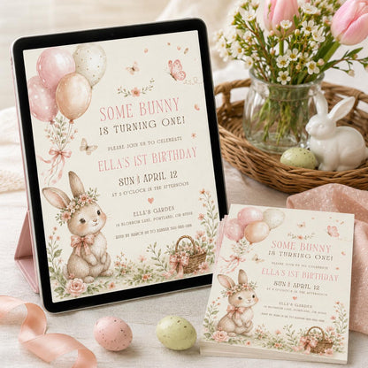 Some Bunny is One Invitation, Pink Bow Rabbit First Birthday Invitation, Coquette Pink Bow Bunny 1st Birthday Invitation, Editable Canva __etsy:8040297178