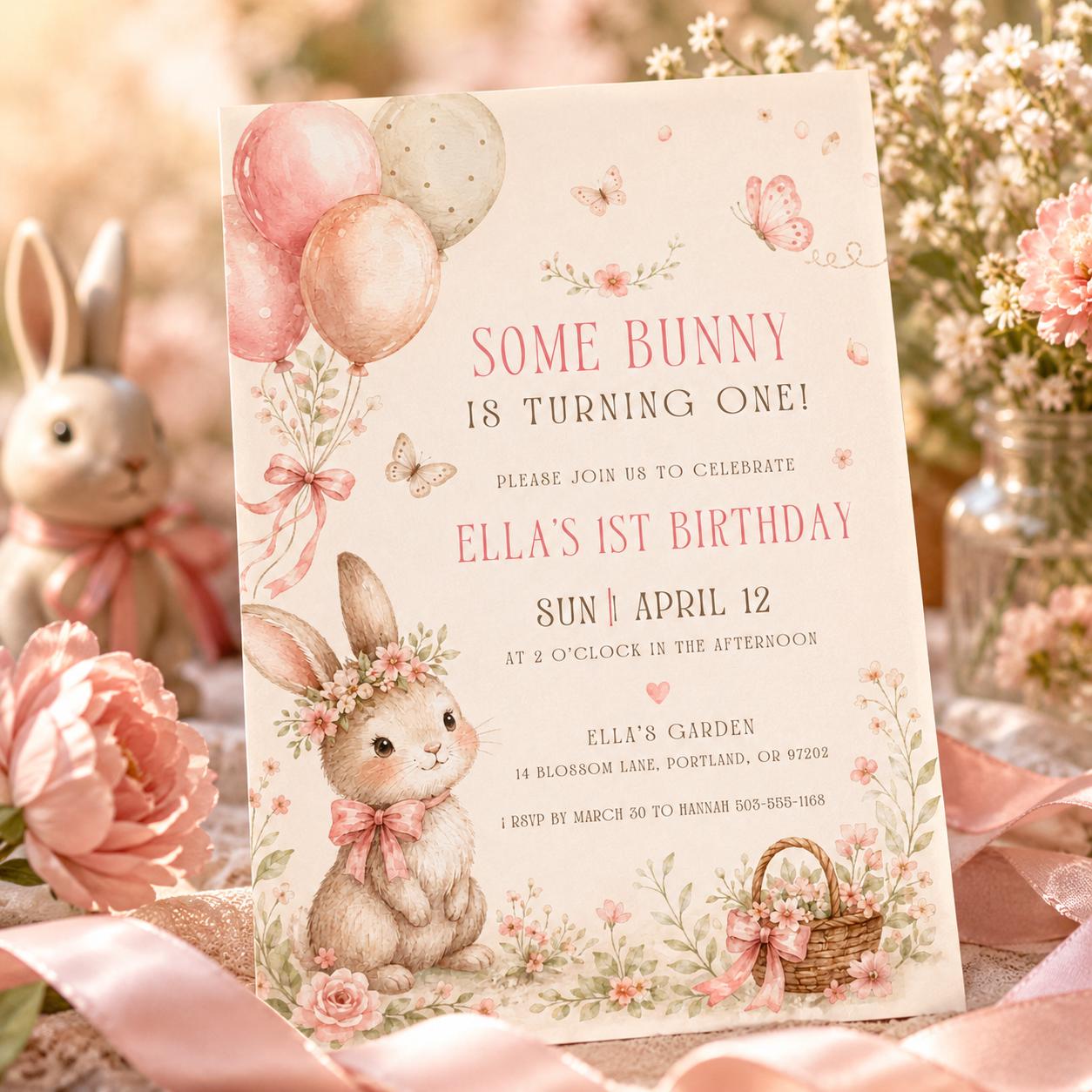 Some Bunny is One Invitation, Pink Bow Rabbit First Birthday Invitation, Coquette Pink Bow Bunny 1st Birthday Invitation, Editable Canva __etsy:8040298798