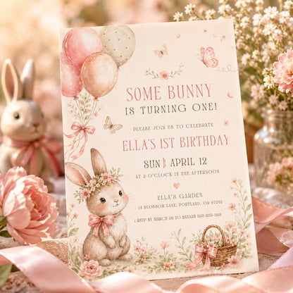 Some Bunny is One Invitation, Pink Bow Rabbit First Birthday Invitation, Coquette Pink Bow Bunny 1st Birthday Invitation, Editable Canva __etsy:8040298798