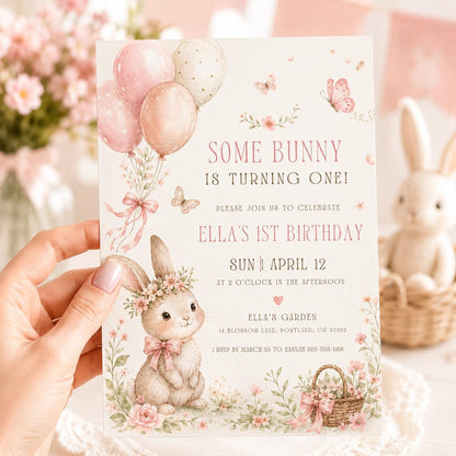 Some Bunny is One Invitation, Pink Bow Rabbit First Birthday Invitation, Coquette Pink Bow Bunny 1st Birthday Invitation, Editable Canva __etsy:8088213593