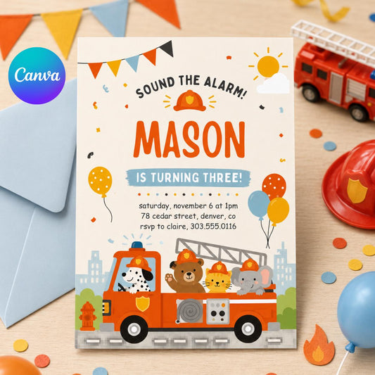 Sound The Alarm Invitation, Sound The Alarm Boys, Fire Truck Birthday Invitation, Firefighter Birthday Party Invite, Canva Template __etsy:8032710952