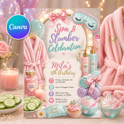 Spa And Slumber Birthday Invitation, Editable Spa Sleepover Party Invite, Girl 9th Birthday Pamper Template, Printable Digital Download __etsy:8130039230