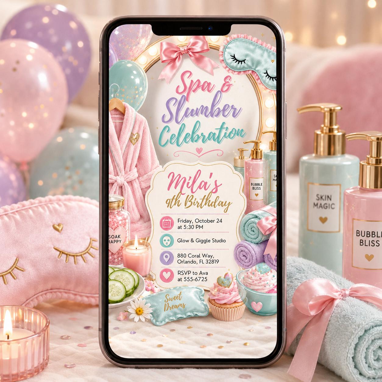 Spa And Slumber Birthday Invitation, Editable Spa Sleepover Party Invite, Girl 9th Birthday Pamper Template, Printable Digital Download __etsy:8130039238
