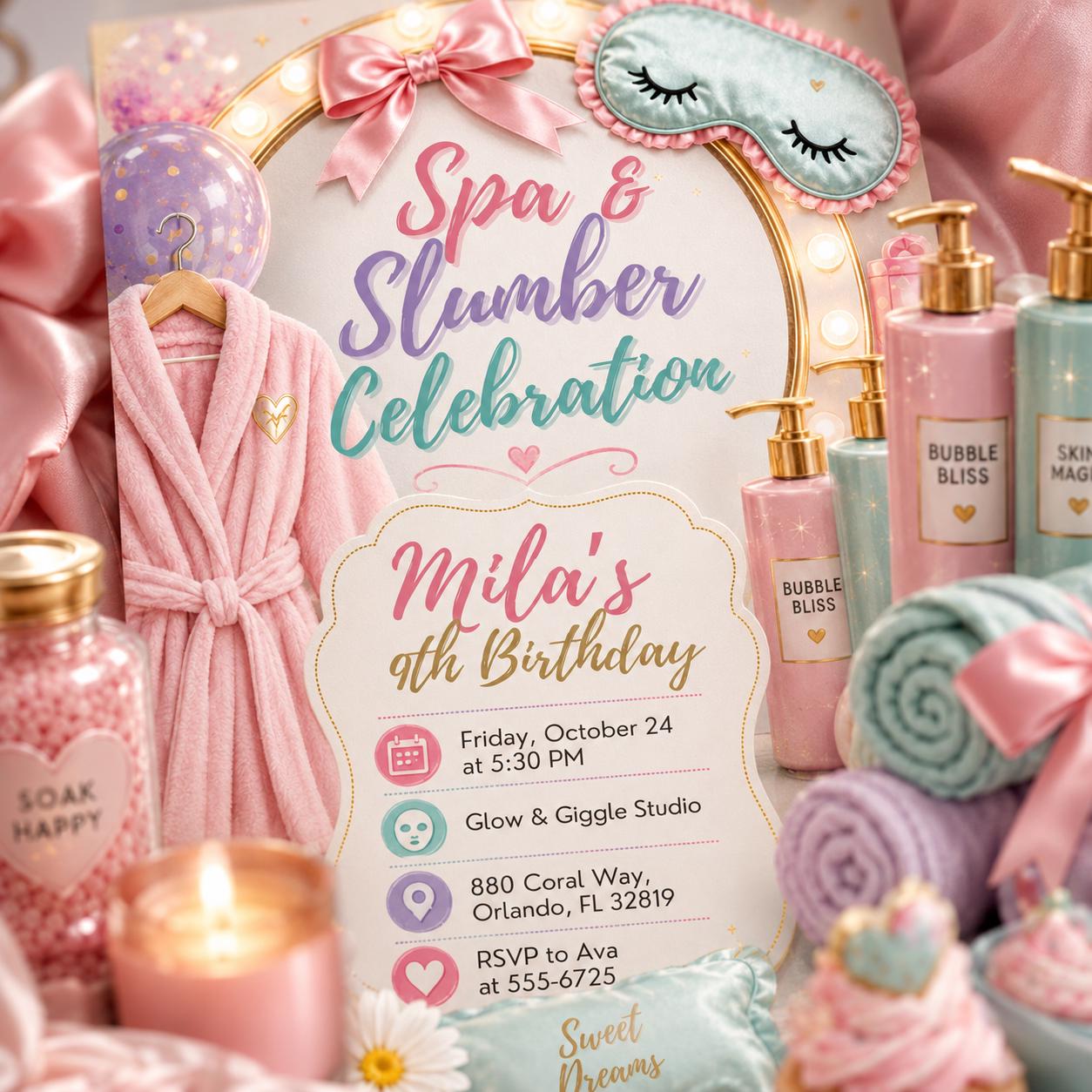 Spa And Slumber Birthday Invitation, Editable Spa Sleepover Party Invite, Girl 9th Birthday Pamper Template, Printable Digital Download __etsy:8130039234