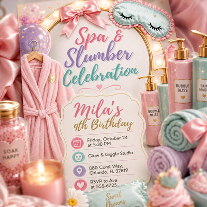 Spa And Slumber Birthday Invitation, Editable Spa Sleepover Party Invite, Girl 9th Birthday Pamper Template, Printable Digital Download __etsy:8130039234