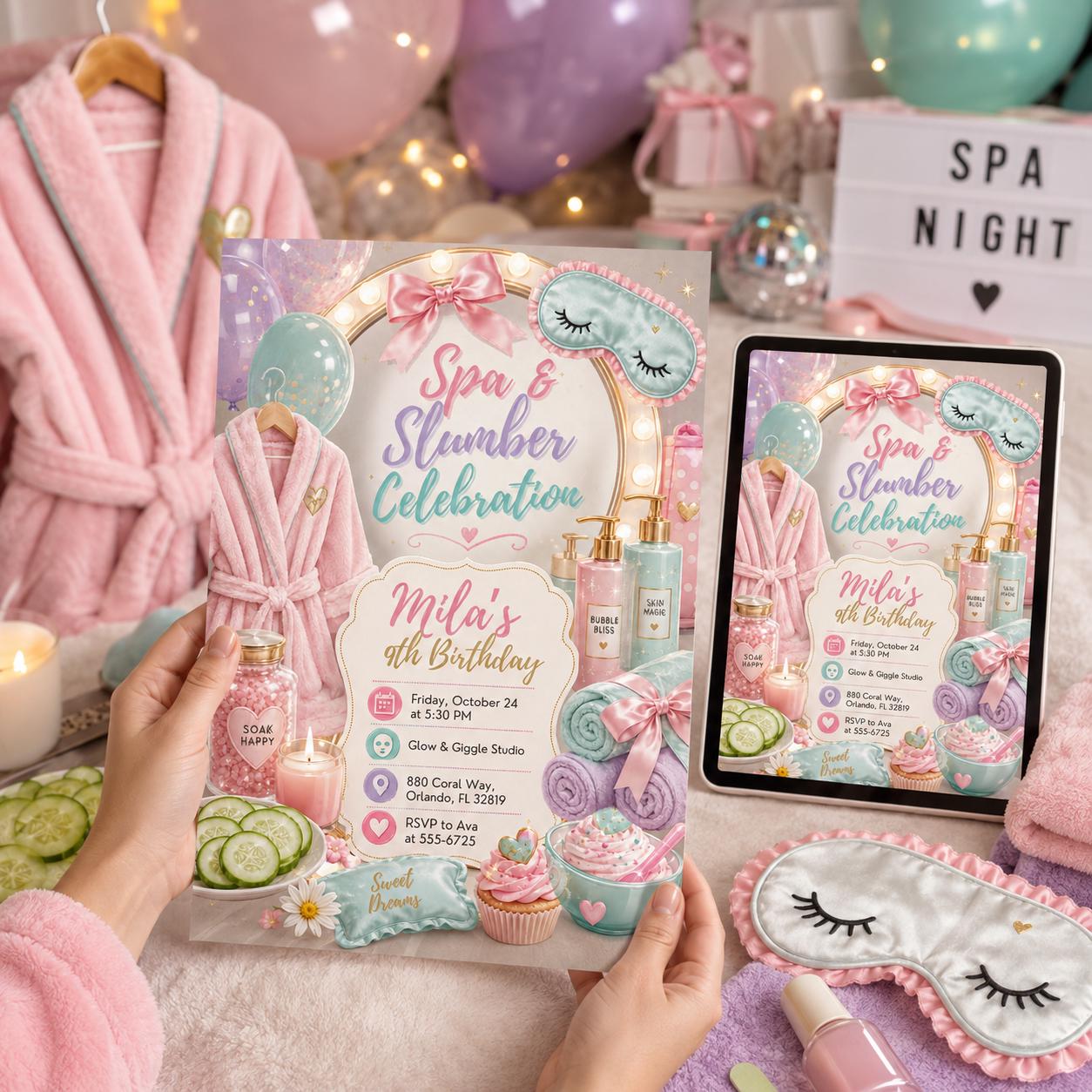 Spa And Slumber Birthday Invitation, Editable Spa Sleepover Party Invite, Girl 9th Birthday Pamper Template, Printable Digital Download __etsy:8177937811