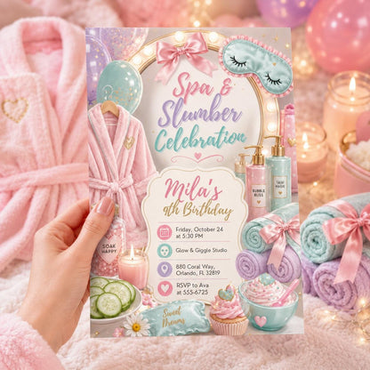 Spa And Slumber Birthday Invitation, Editable Spa Sleepover Party Invite, Girl 9th Birthday Pamper Template, Printable Digital Download __etsy:8177937837