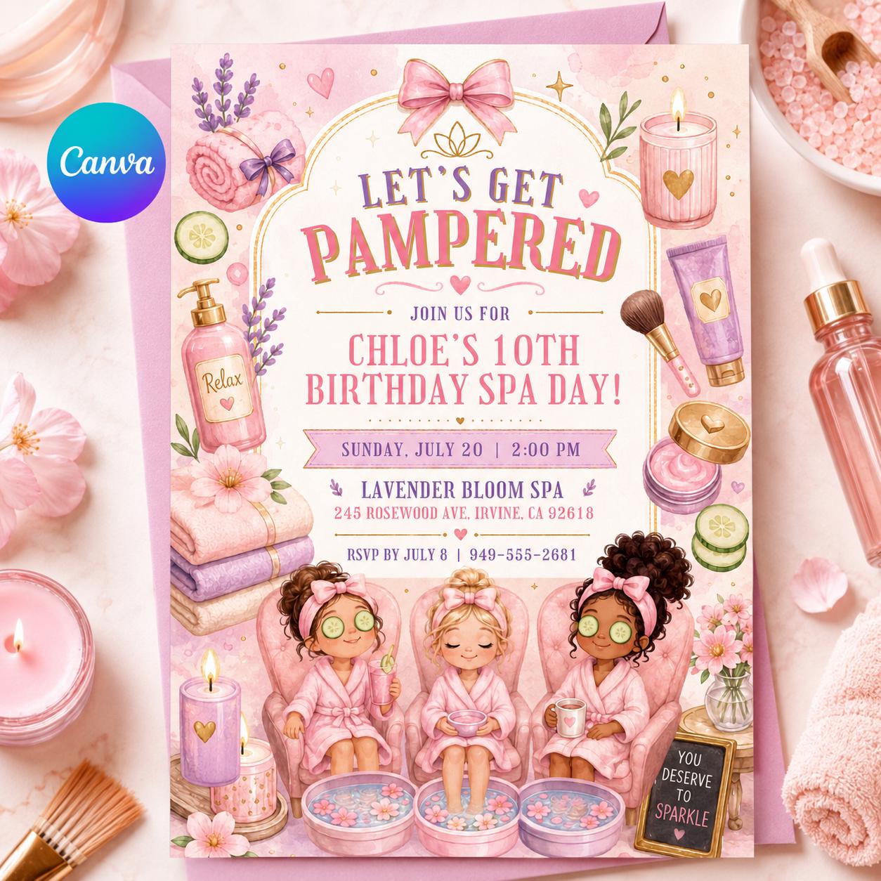 Spa Birthday Party Invitation, Pamper Party Invite, Girl Spa Birthday, Pink Bow Invitation, Editable Canva Template __etsy:8088220913