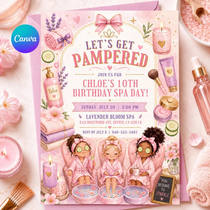 Spa Birthday Party Invitation, Pamper Party Invite, Girl Spa Birthday, Pink Bow Invitation, Editable Canva Template __etsy:8088220913