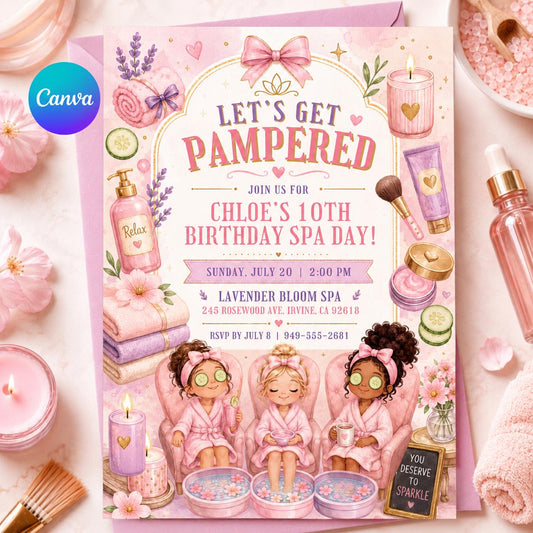 Spa Birthday Party Invitation, Pamper Party Invite, Girl Spa Birthday, Pink Bow Invitation, Editable Canva Template __etsy:8088220913