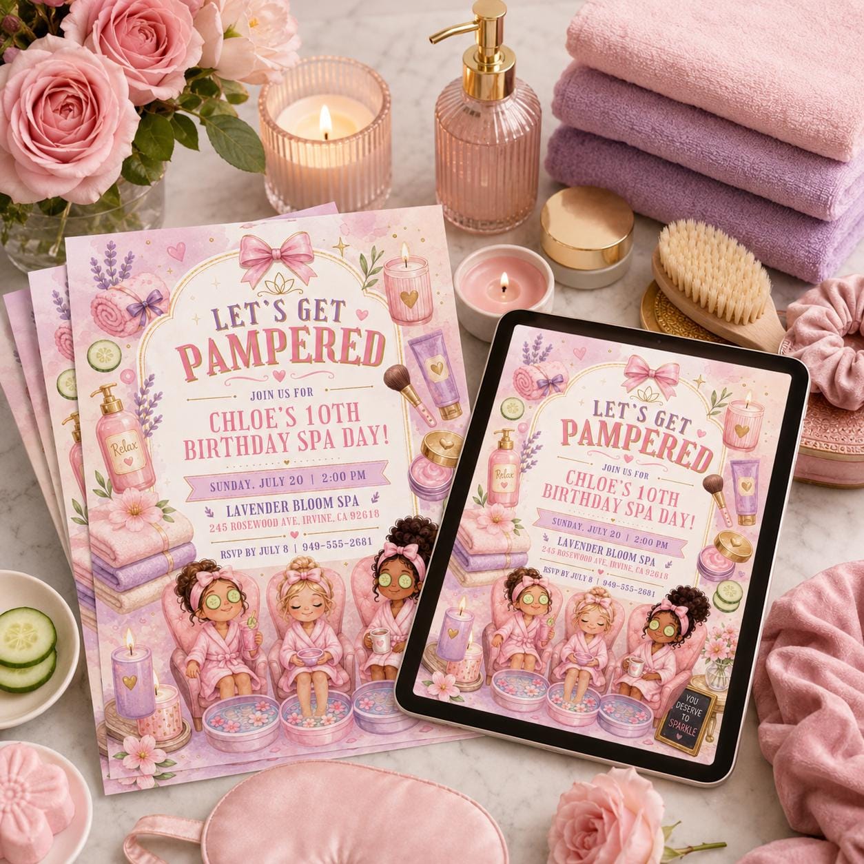 Spa Birthday Party Invitation, Pamper Party Invite, Girl Spa Birthday, Pink Bow Invitation, Editable Canva Template __etsy:8040306402