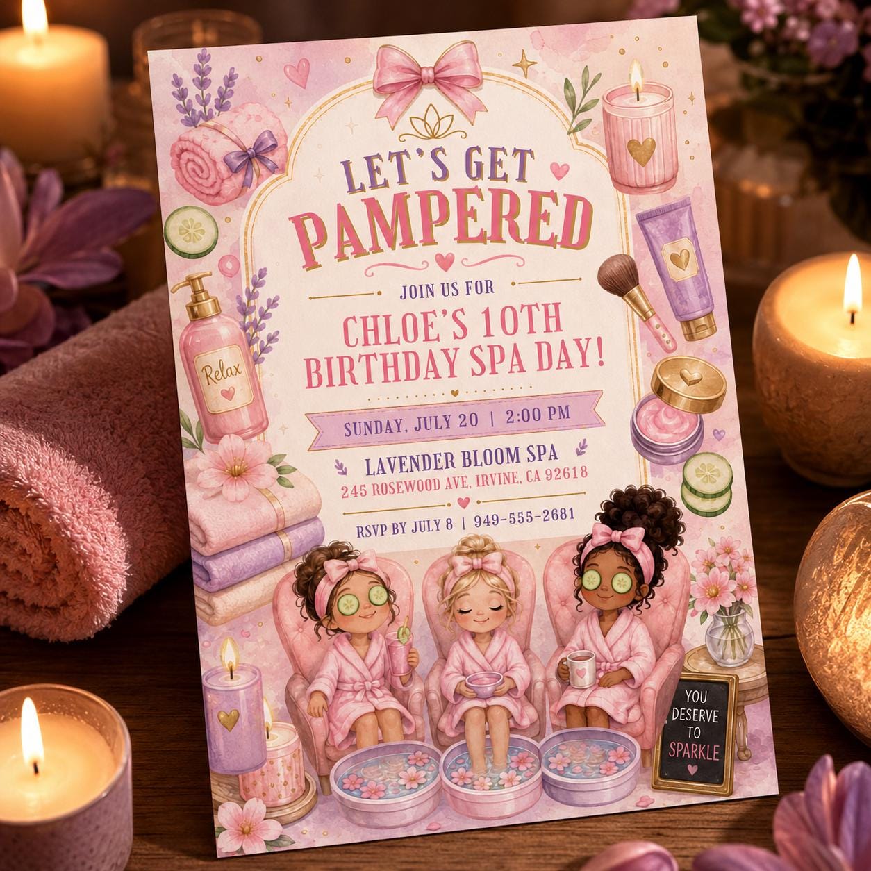 Spa Birthday Party Invitation, Pamper Party Invite, Girl Spa Birthday, Pink Bow Invitation, Editable Canva Template __etsy:8040306364