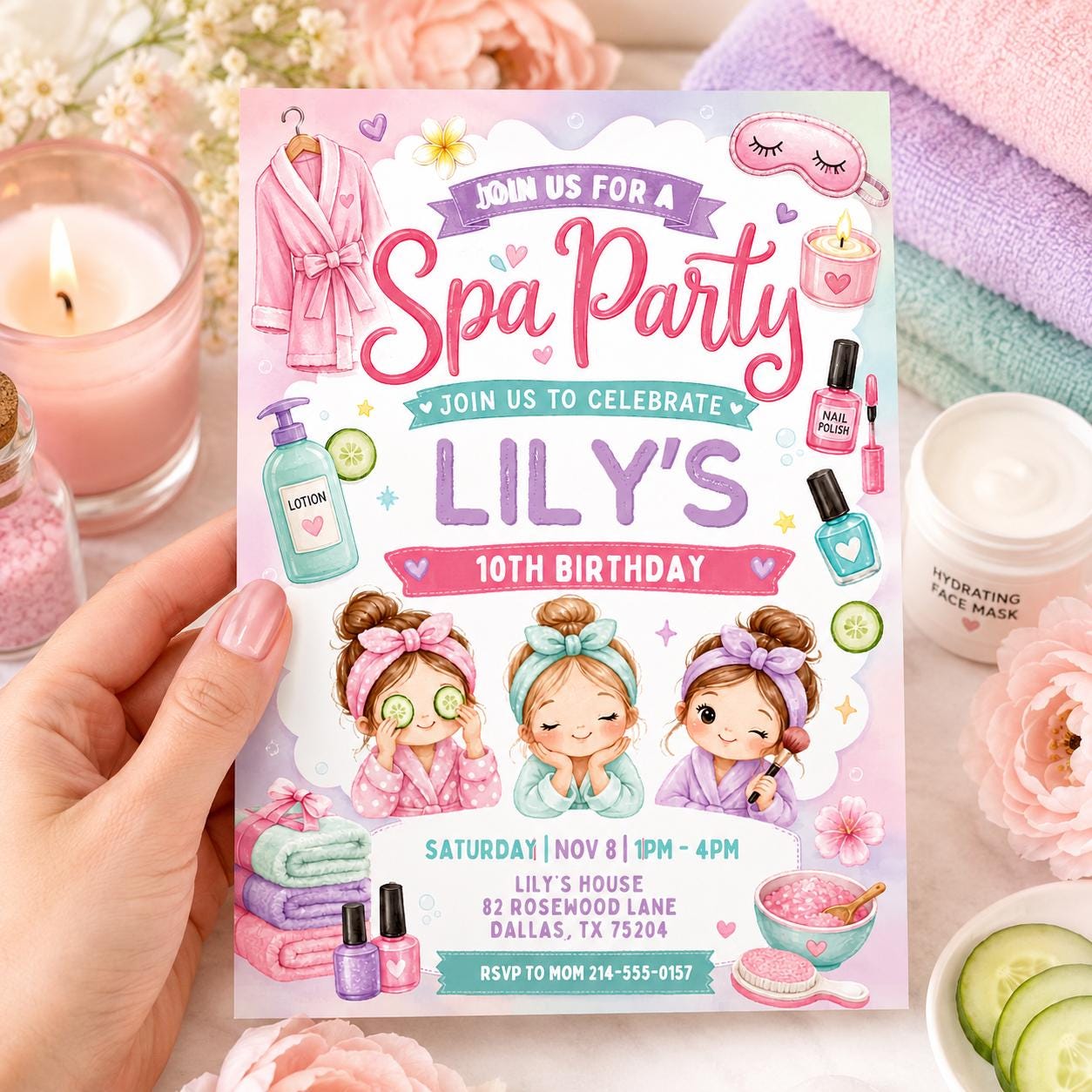 Spa Birthday Party Invitation, Pamper Party Invite, Girl Spa Birthday, Pink Bow Invitation, Editable Canva Template __etsy:8056911509
