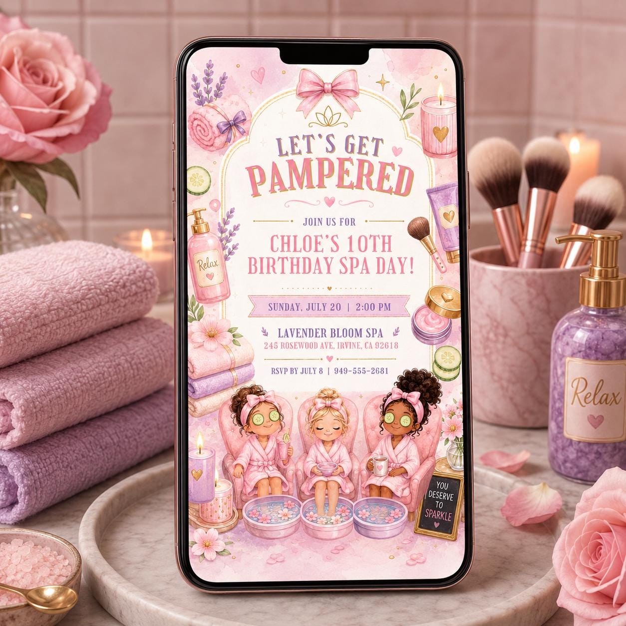 Spa Birthday Party Invitation, Pamper Party Invite, Girl Spa Birthday, Pink Bow Invitation, Editable Canva Template __etsy:8088221535