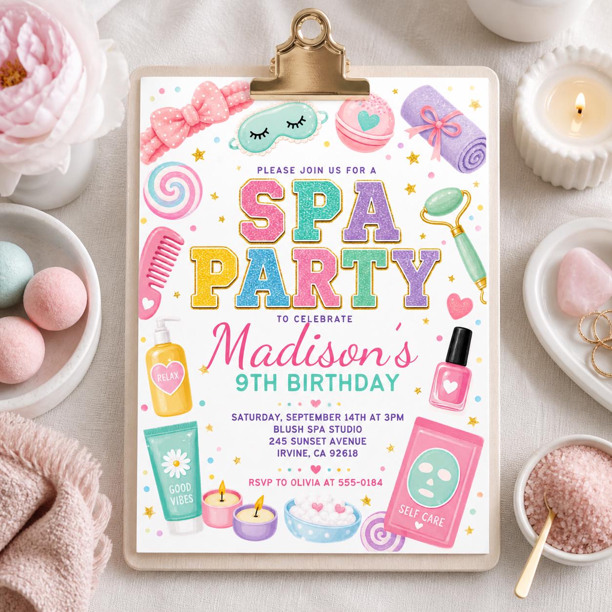 Spa Birthday Party Invitation, Pamper Party Invite, Girl Spa Birthday, Pink Bow Invitation, Editable Canva Template __etsy:8033769809