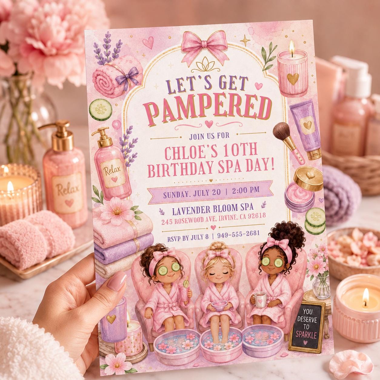 Spa Birthday Party Invitation, Pamper Party Invite, Girl Spa Birthday, Pink Bow Invitation, Editable Canva Template __etsy:8088221537