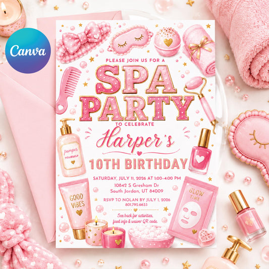 Spa Birthday Party Invitation, Pamper Party Invite, Girl Spa Birthday, Pink Bow Invitation, Spa Party 10th Birthday, Editable Canva Template __etsy:8072327001