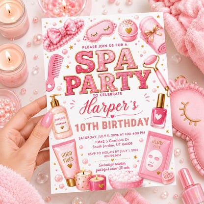Spa Birthday Party Invitation, Pamper Party Invite, Girl Spa Birthday, Pink Bow Invitation, Spa Party 10th Birthday, Editable Canva Template __etsy:8072326271