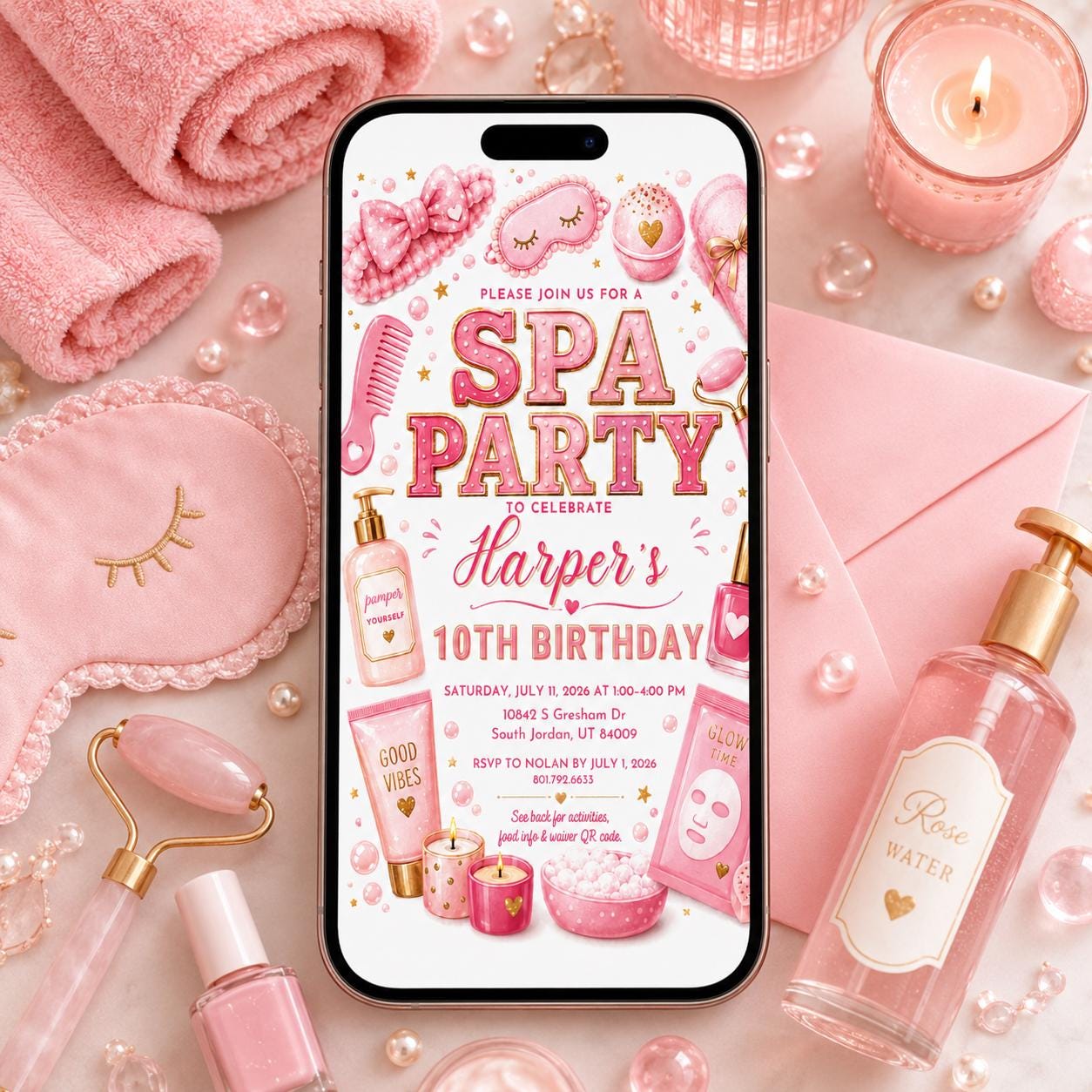 Spa Birthday Party Invitation, Pamper Party Invite, Girl Spa Birthday, Pink Bow Invitation, Spa Party 10th Birthday, Editable Canva Template __etsy:8072326297