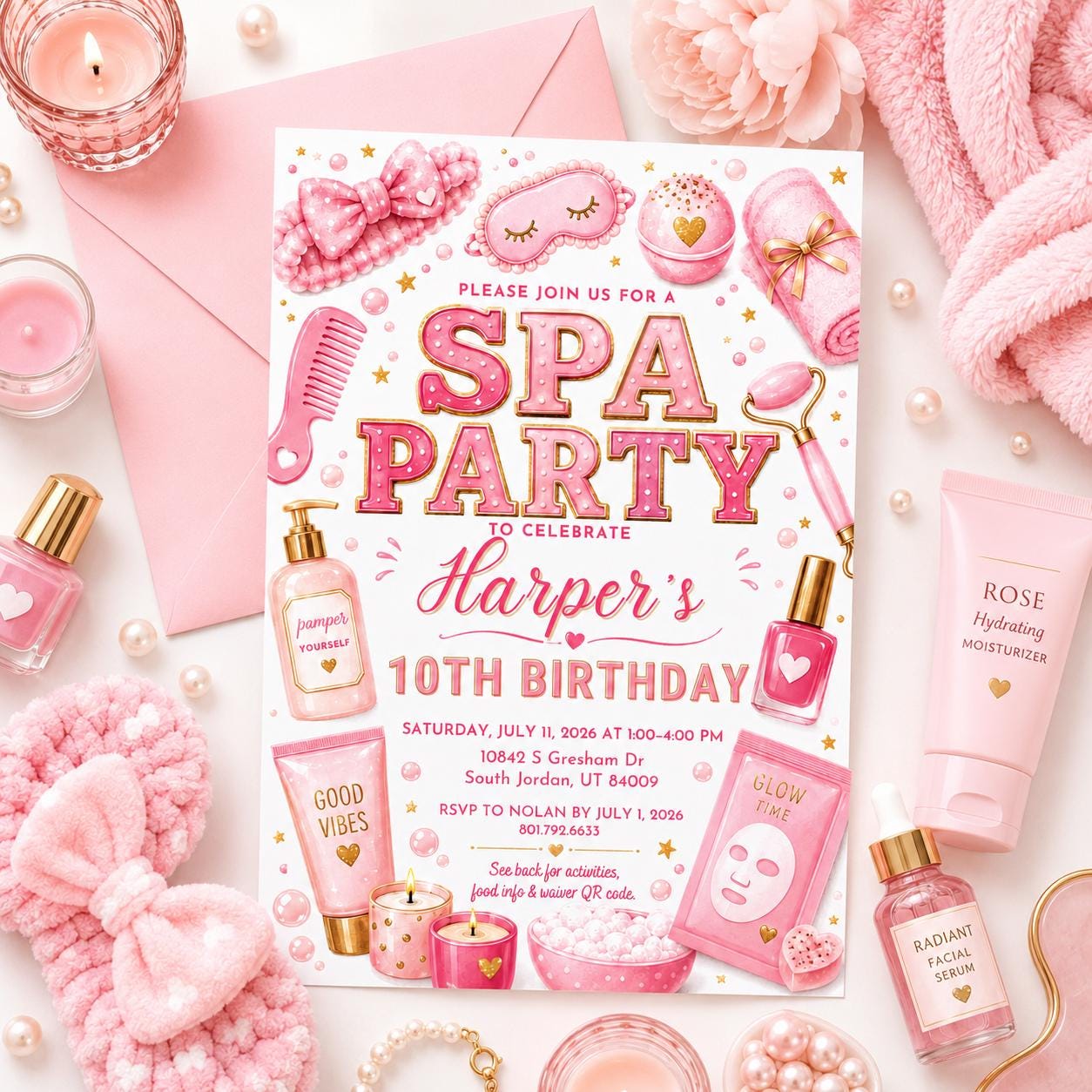 Spa Birthday Party Invitation, Pamper Party Invite, Girl Spa Birthday, Pink Bow Invitation, Spa Party 10th Birthday, Editable Canva Template __etsy:8024416508