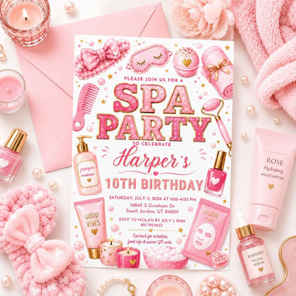 Spa Birthday Party Invitation, Pamper Party Invite, Girl Spa Birthday, Pink Bow Invitation, Spa Party 10th Birthday, Editable Canva Template __etsy:8024416508