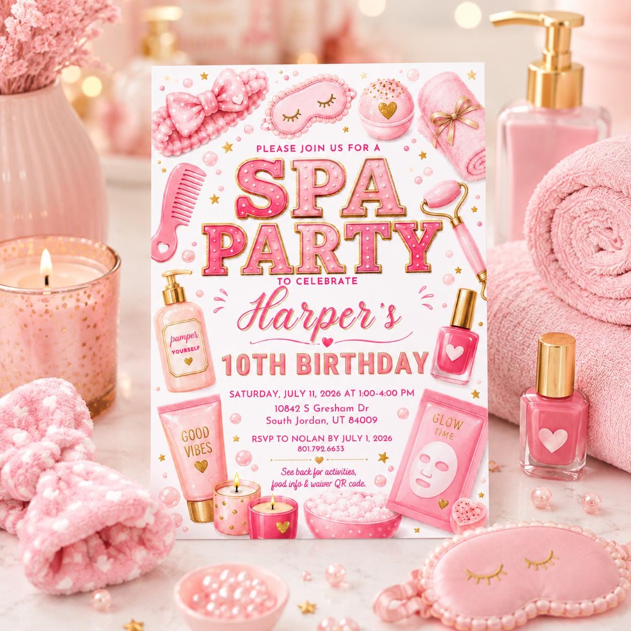 Spa Birthday Party Invitation, Pamper Party Invite, Girl Spa Birthday, Pink Bow Invitation, Spa Party 10th Birthday, Editable Canva Template __etsy:8024416502