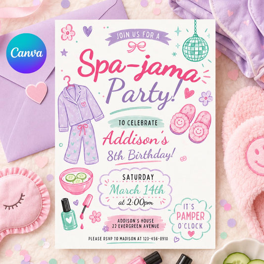 Spa-jama Party Invitation, Spa Birthday  Invitation, Pamper Party Invite, Girl Spa Birthday, Pink Bow Invitation, Editable Canva Template __etsy:8075566523