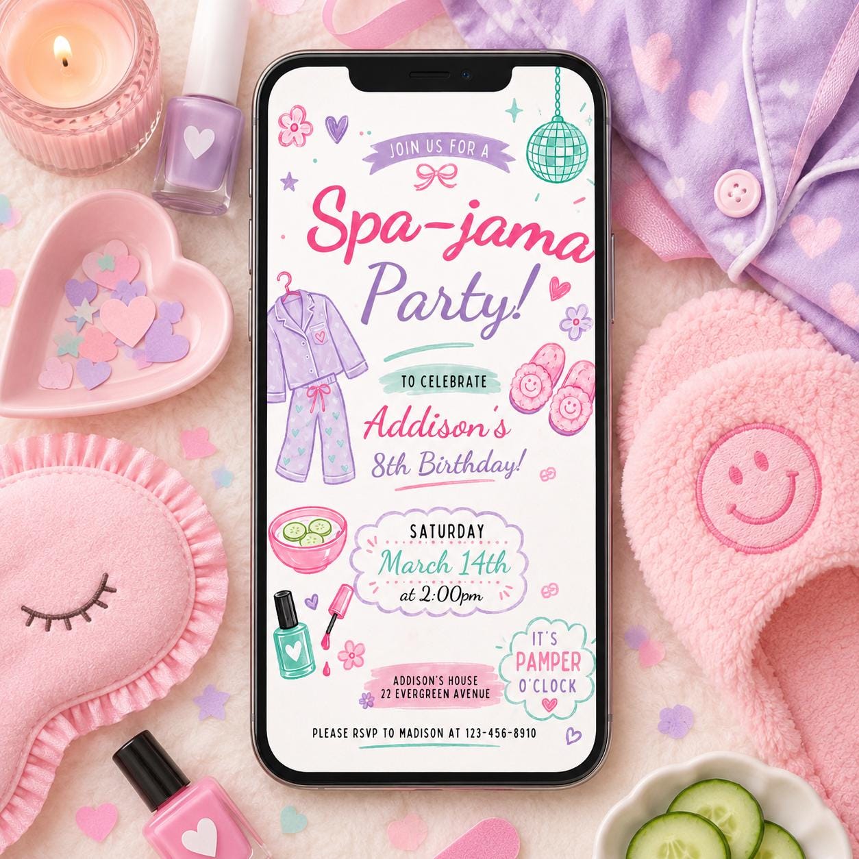 Spa-jama Party Invitation, Spa Birthday  Invitation, Pamper Party Invite, Girl Spa Birthday, Pink Bow Invitation, Editable Canva Template __etsy:8027649938